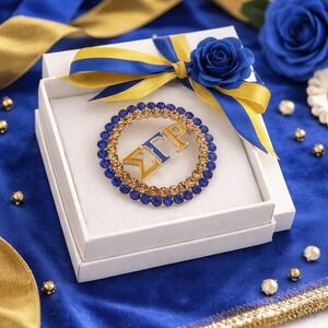 Sigma‎ Gamma Rho Brooch with Blue and Yellow Rhinestones